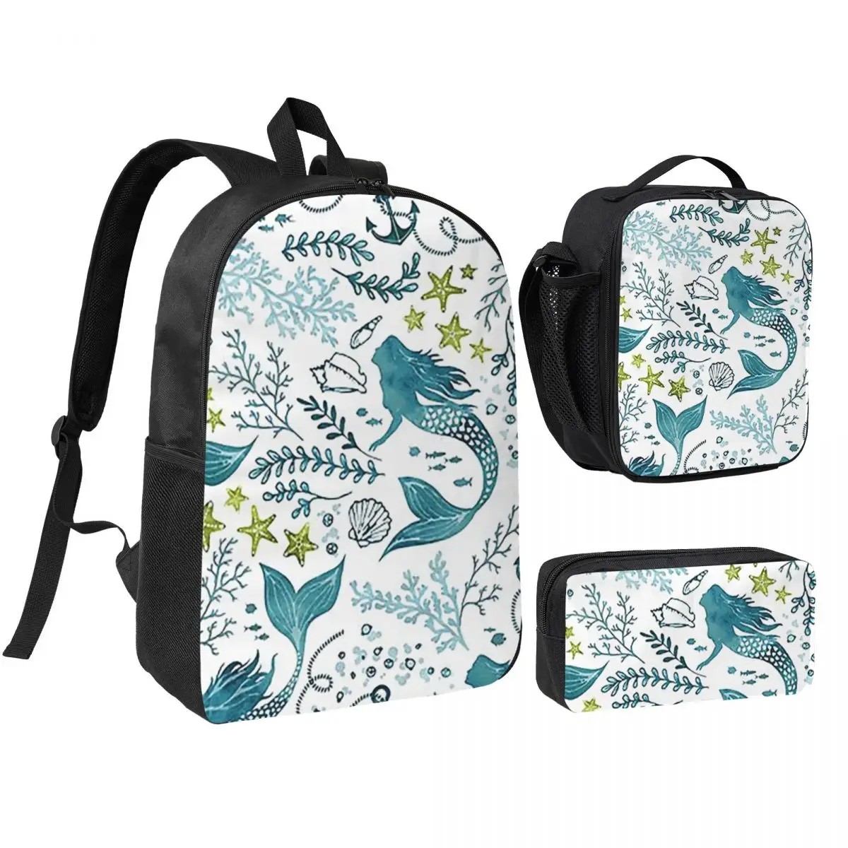 Mermaid Ocean Light Backpack Student BookBag School Bag Shoulder Bags 3ps Insulated Lunch Bag Pencil Case