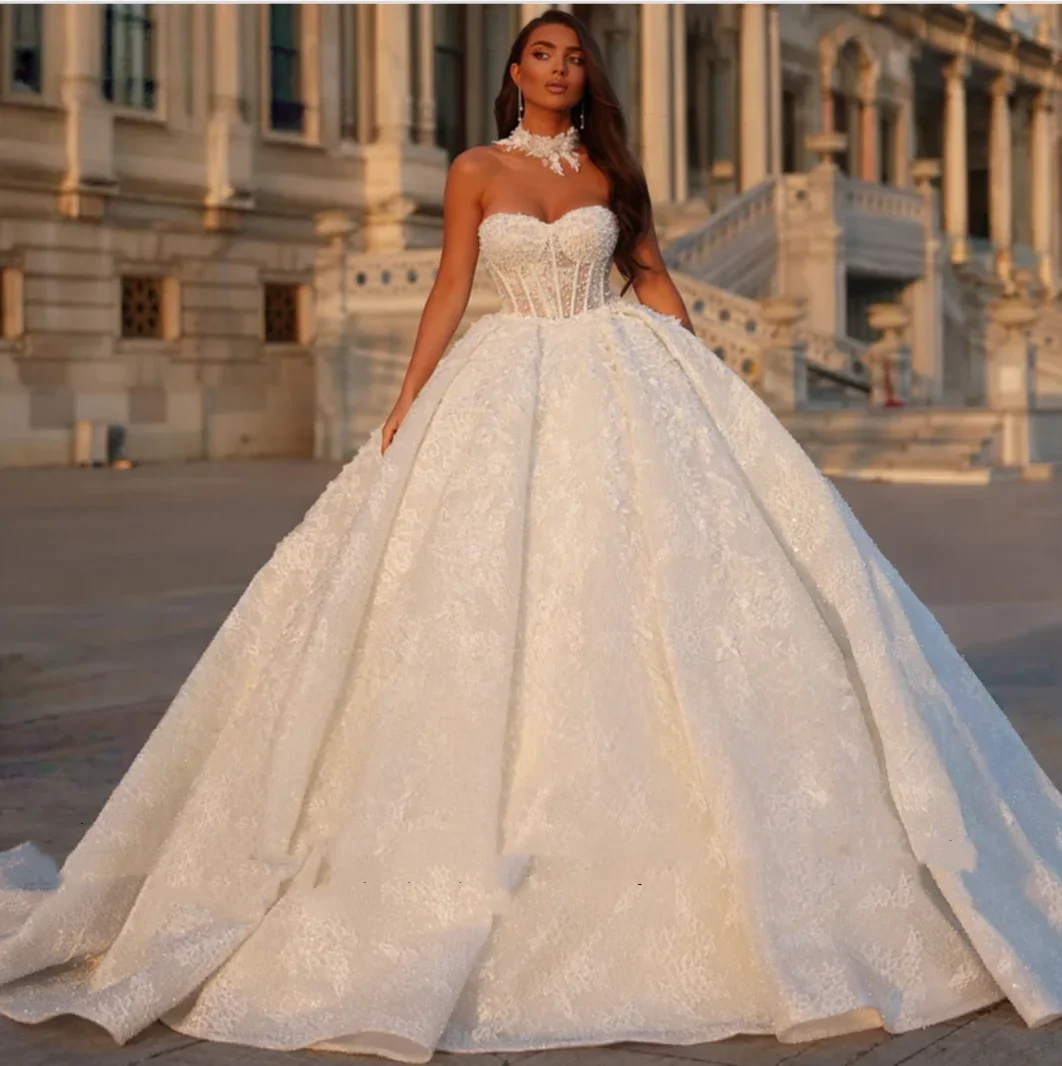 

Gorgeous Sweetheart Ball Gown Wedding Dresses Appliques Charming Strapless Off Shoulder Perals Princess Bridal Gown Customized