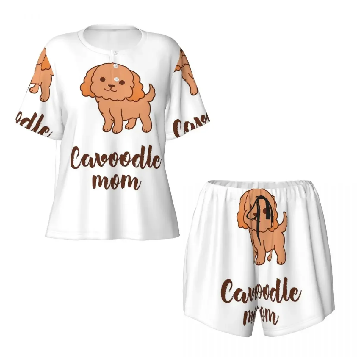 

Cavoodle Dog Mom Round Neck Short Sleeves Nightdress for Sleeping Sleepshirts Women Soft Pajama Set Short Pants