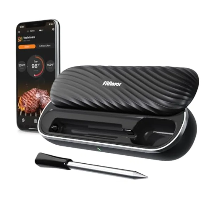 

Grilling BBQ cooking: stainless steel probe black 500ft Bluetooth range with IP67 waterproof and rechargeable battery