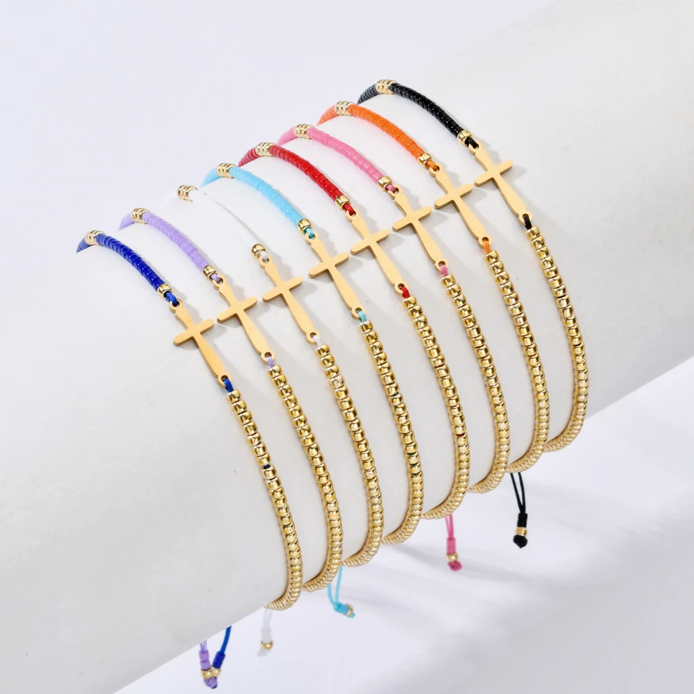 ZMZY Christian Fashion Cross Charm Bracelet Jewelry Dainty Miyuki Seed Beads Bracelet for Women Gold Color Beaded Pulseras Mujer