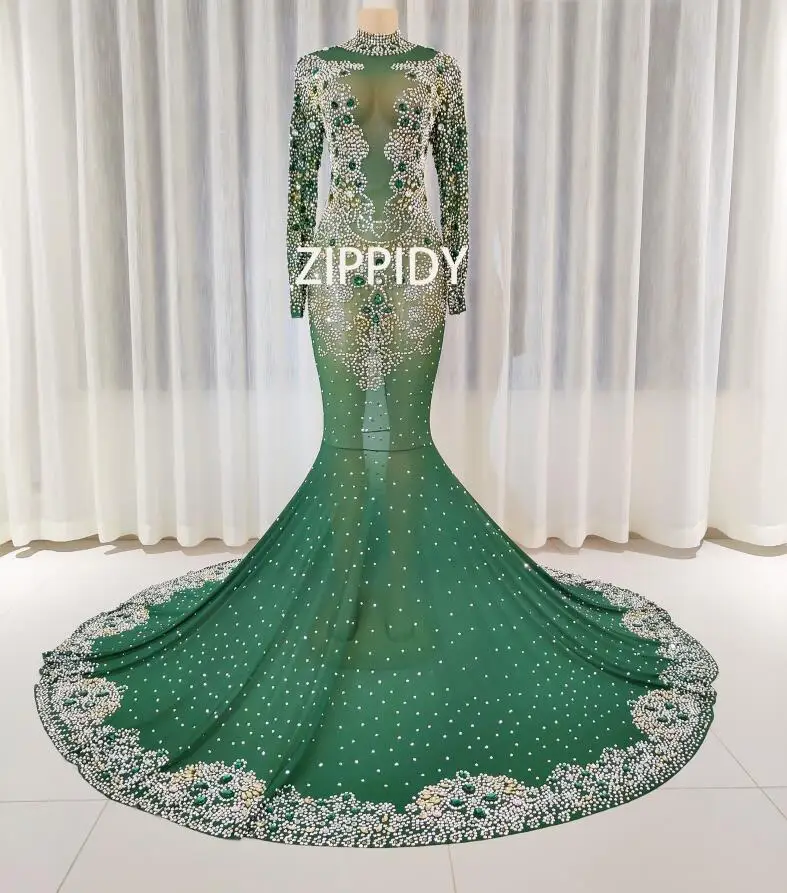 Wedding Sexy Evening Party Celebrate Green Crystals Mesh Big Train Dresses Female Birthday Prom Rhinestones Long Tail Outfits