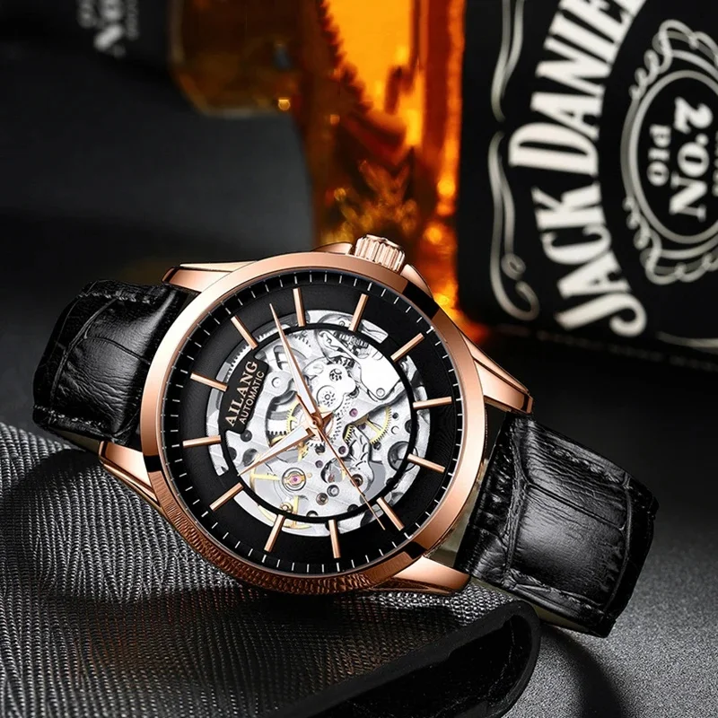 AILANG 8629 Steel strip section Men Luxury Automatic Watch, Skeleton Dial, Blue Leather Strap, Waterproof Luminous Wristwatch