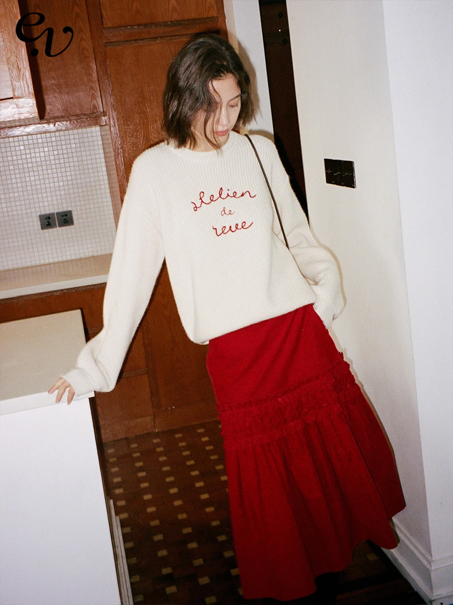 

Even Vintage 00% Wool Loose oulder Autumn Winter Vintage Embroidered Sweater Overhead Inner Wear Top Women's Casual Sle