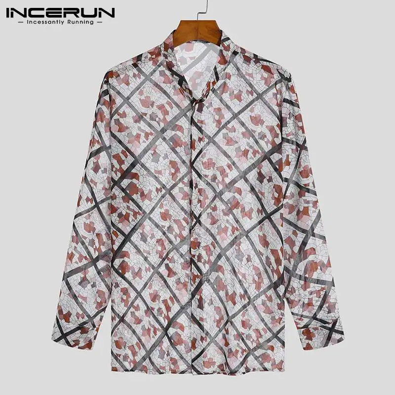 Men Printing Shirt Mesh Transparent Stand Collar 2024 Long Sleeve Streetwear Men Clothing Fashion Casual Camisas S-5XL INCERUN