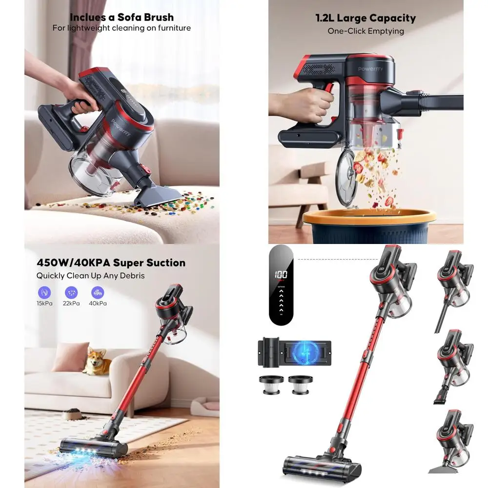 

450W 40KPA Cordless Stick Vacuum Cleaner with 55 Mins Runtime, LED Touch Display, and Charging Station for Home, Pet Hair, Carpe