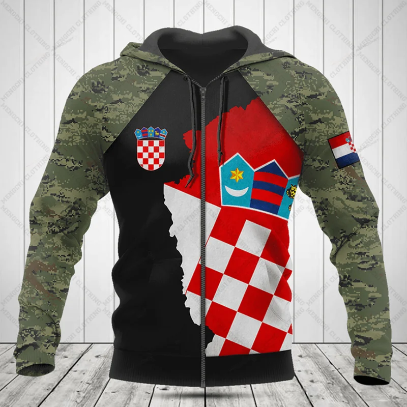 Customize Croatia Camouflage Zipper Hoodies Loose Unisex Oversize Sweatshirts Winter Casual Streetwear Tops Pullover