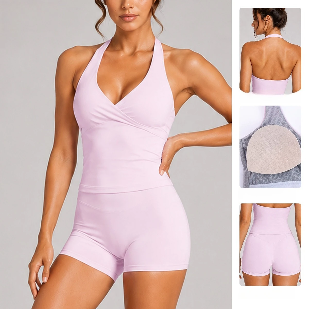 C*B Women Halter V Neck Wrap Yoga Tank Top Backless Padded Sports Top High Waist Hip Lift Biker Shorts Gym Fitness Activewear