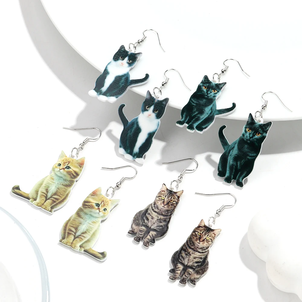 Nette 3D Acryl Cartoon Katze Druck Tropfen Ohrringe Lustige Große Tier Baumeln Ohrring frauen Mode Schmuck Geschenke