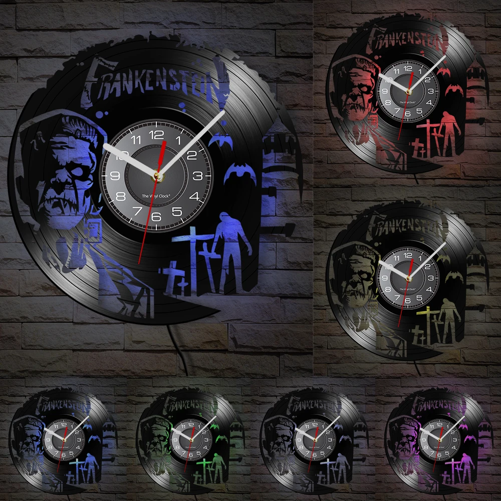 فرانكنشتاين مسجل فينيل ساعة حائط ديكور المنزل للهالوين مسلسل مونستر التلفزيوني فيلم رعب مستوحاة ساعة حائط كوارتز صامتة #6