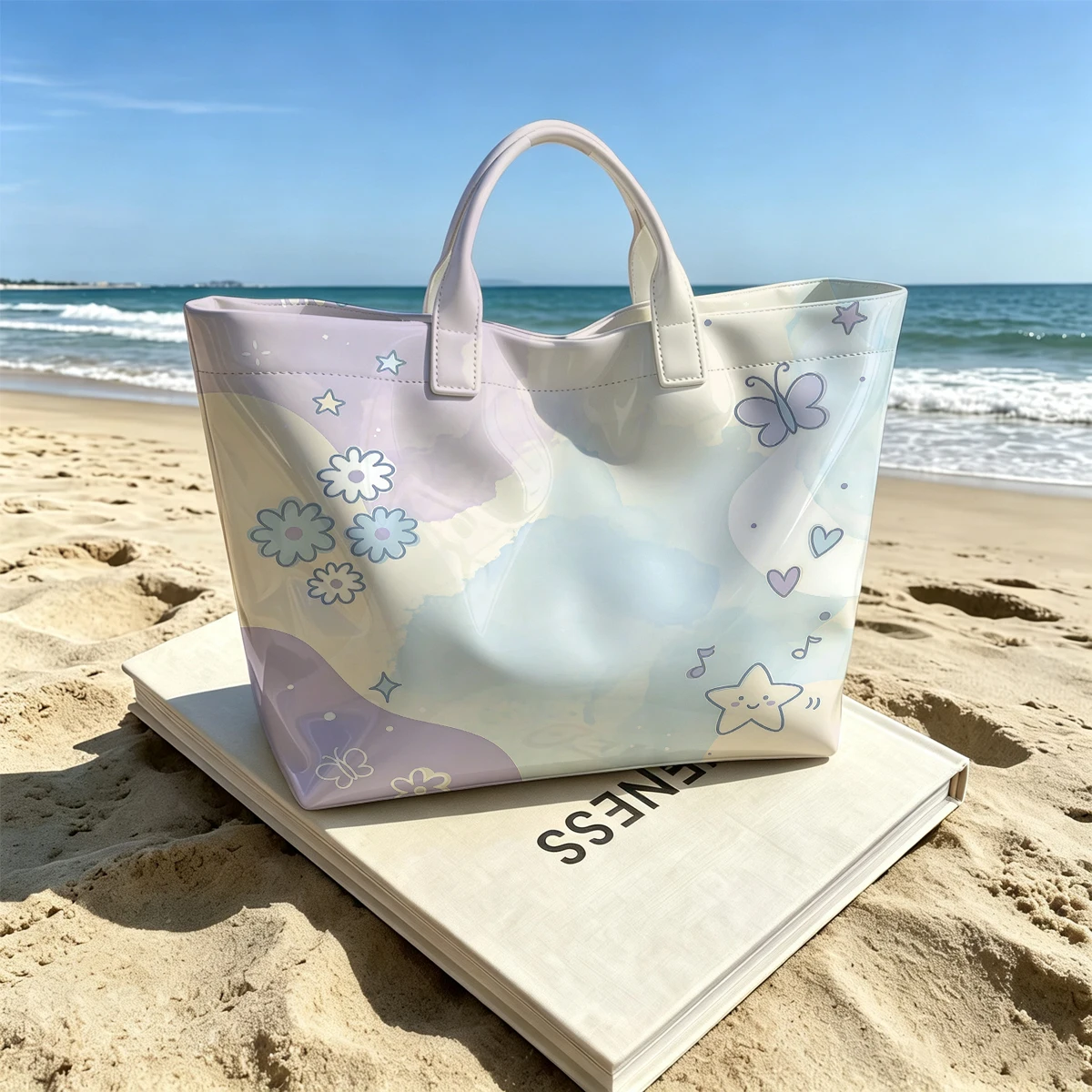 Pastel Dream Stylish Large Glossy PVC Tote Bag Washable Waterproof Durable Ideal for Travel Commute Cosmetics Books Handbags