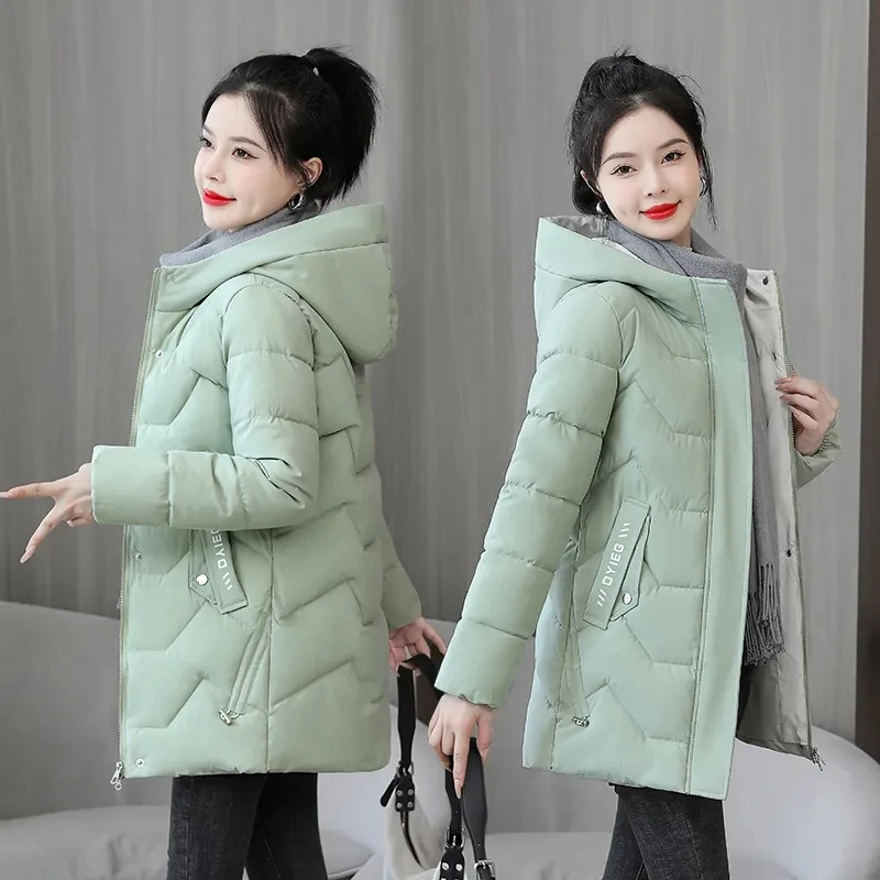 Chaqueta larga con capucha y letras estampadas para mujer, Parka acolchada de algodón, prendas de vestir cálidas e informales para la nieve, novedad