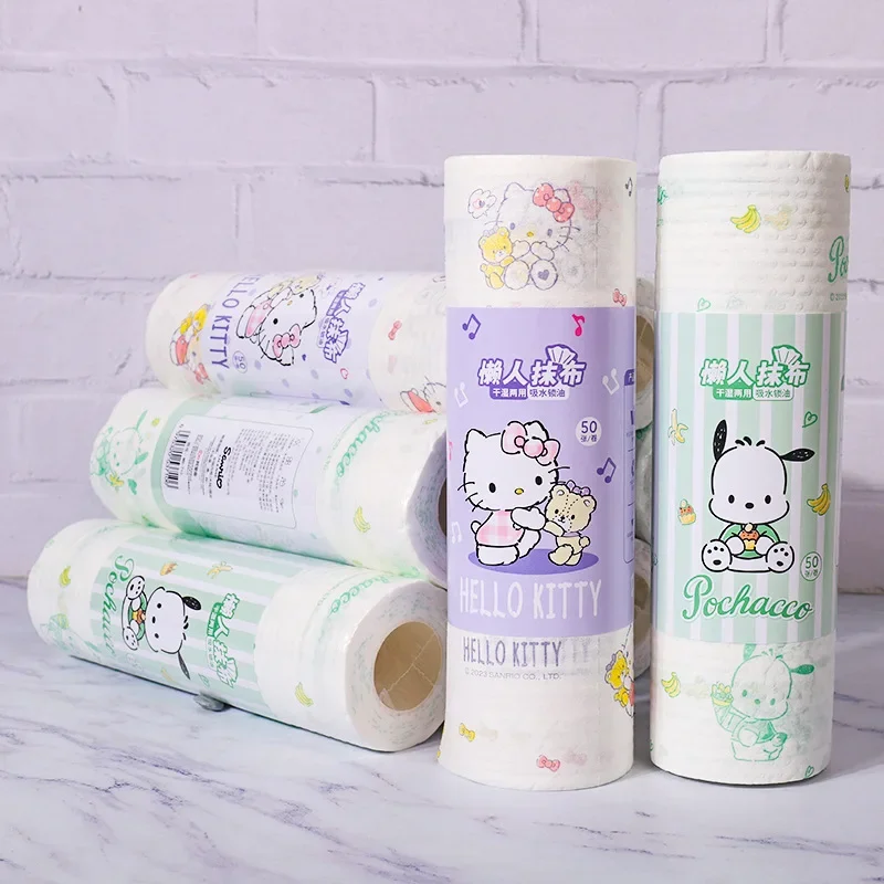 50roll/set Sanrio Hello Kitty Duster Cloth Cleaning Dish Towel Household Supplie Kuromi Pochacco Cute Disposable Absorbent Paper