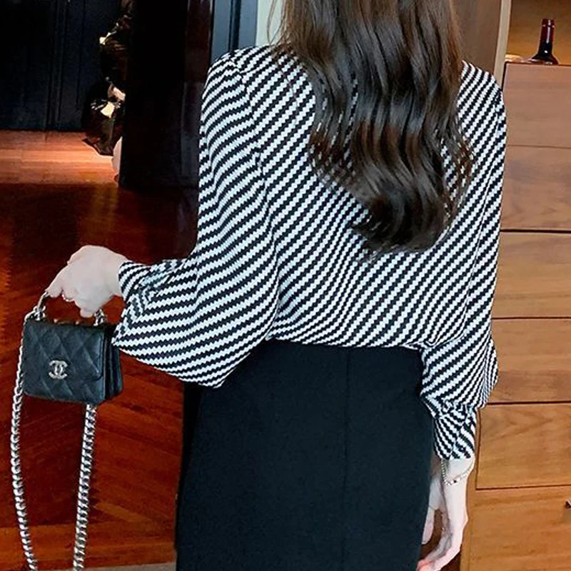 Women Korean Fashion Stand Collar Mesh Patchwork Blouses Elegant Chic Striped Print Shirts Long Sleeve Loose Tops Blusa De Mujer