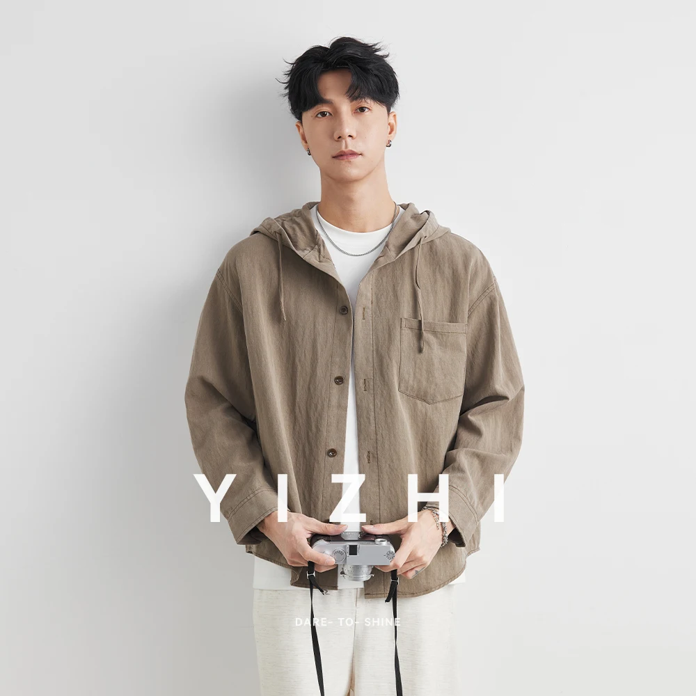 Autumn Men's Lyocell Nylon Shirt Solid Streetwear Long Sleeve Hoodie Clothing For Men Button Tops Casual Loose Men Hooded Shirt
