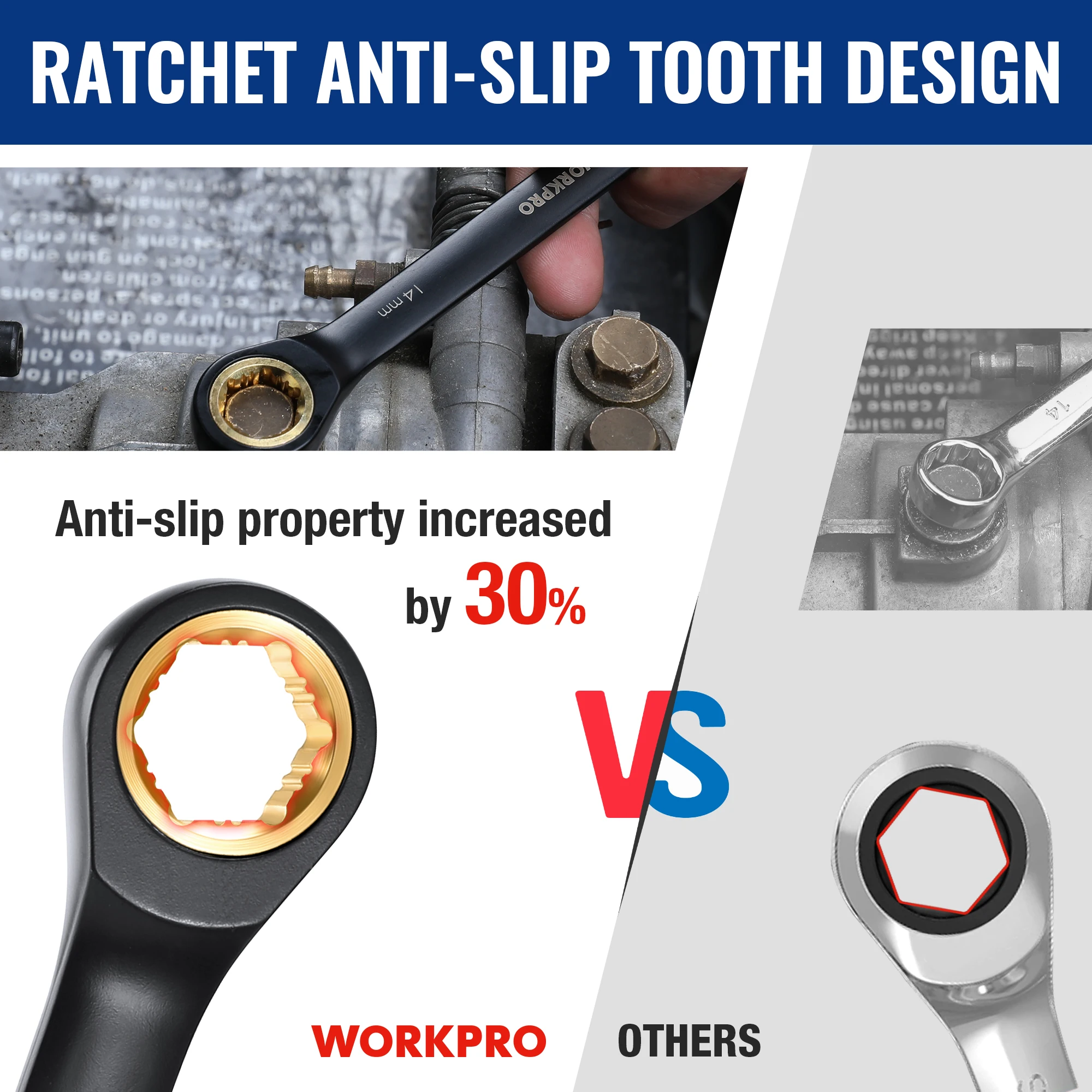 WORKPRO 9 قطعة مجموعة مفاتيح ربط مضادة للانزلاق متري/البحر 8-19 مللي متر 72-الأسنان Cr-V مجموعة مفاتيح بسقاطة سوداء مصممة