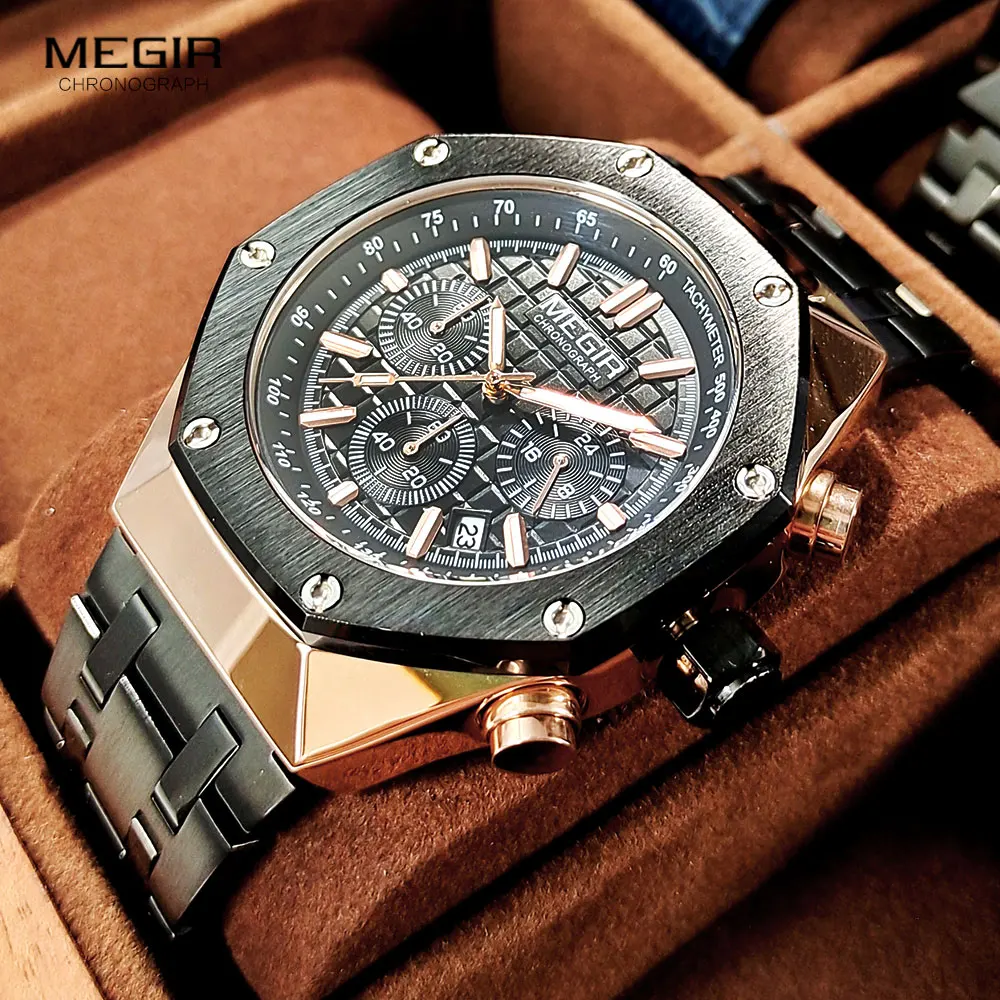 MEGIR Black Watch for Men Waterproof Luminous Chronograph Quartz Wristwatch with 24-hour Auto Date Stainless Steel Strap 2213