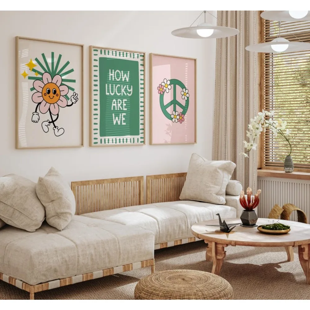 3 Frameless Pink and Green Retro-inspired Girl Prints,Daisy Smile Prints,Peace Sign Prints,How Lucky Are Our Wall Art Decoration