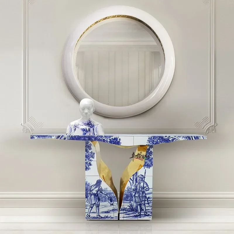 Mesa de lujo ligera, vestíbulo de Villa contra la pared, mesa de forma especial, mesa de porche de diseño creativo de acero inoxidable