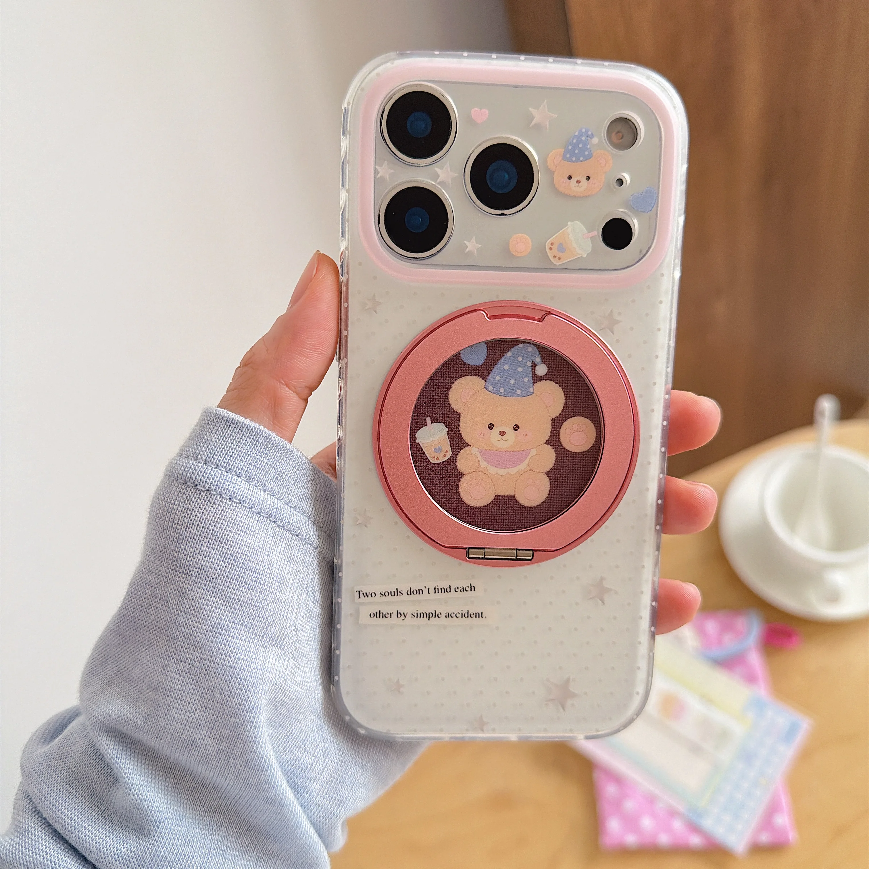 Cute Sleepy Bear With Magnetic Phone Case With 360° Rotatable Mirror Ring Kickstand For iPhone 17 16 15 Pro Max Shockproof Cover