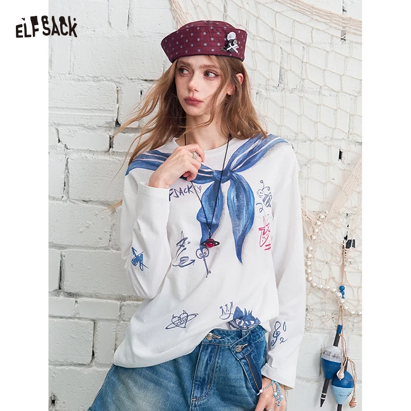 

ELFSACK Sailor Collar Graffiti Print Long Sleeve T-Shirt, Loose Navy Style Top with Cat Motifs