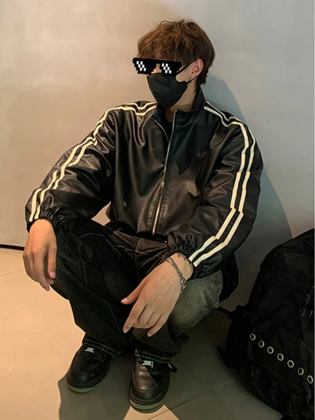 

Мужская укороченная куртка из искусственной кожи в американском стиле с воротником-стойкой, модная уличная одежда для осеннего сезона