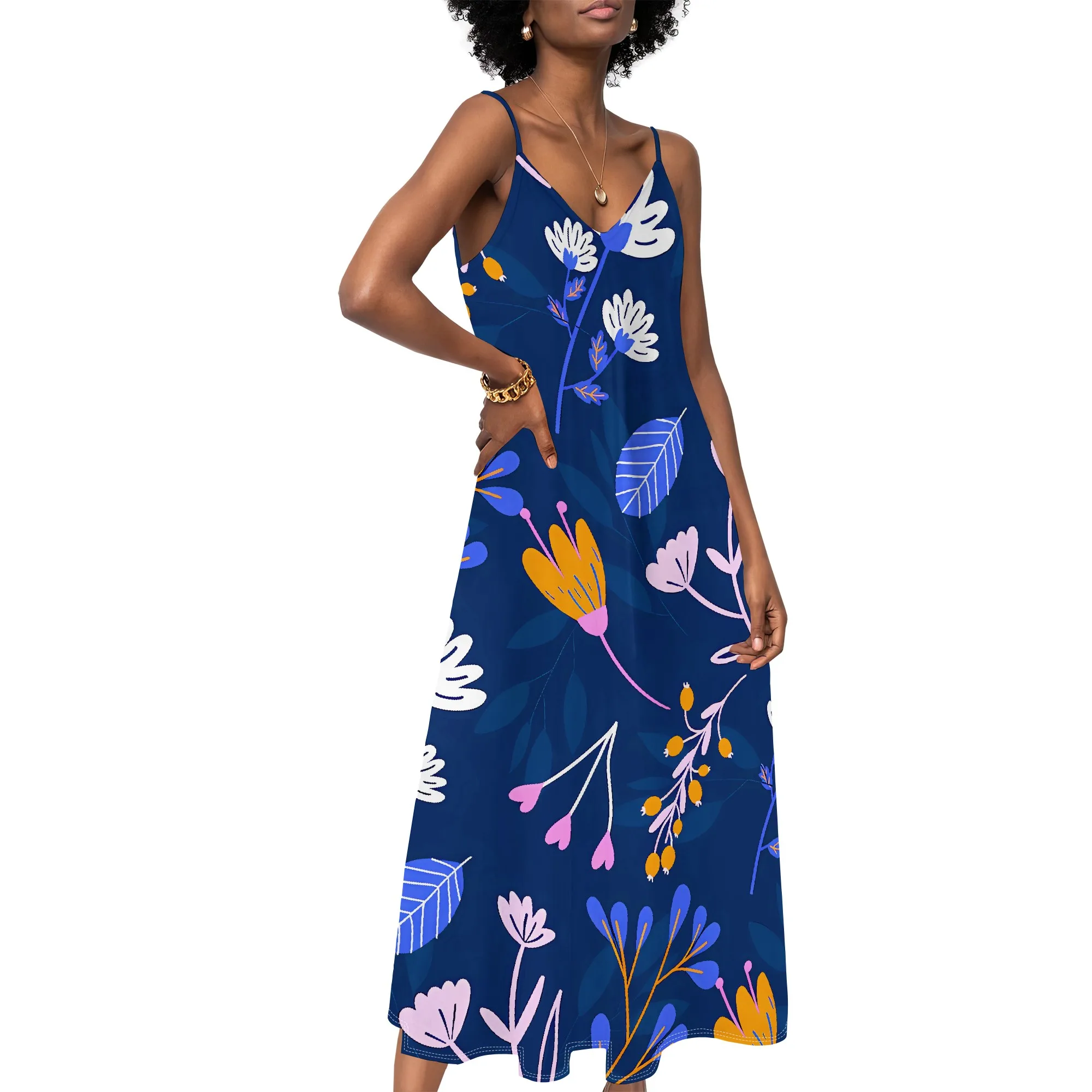 

Women's clothing 2025 spring/summer new custom casual beach loose print floral V-neck long skirt dress