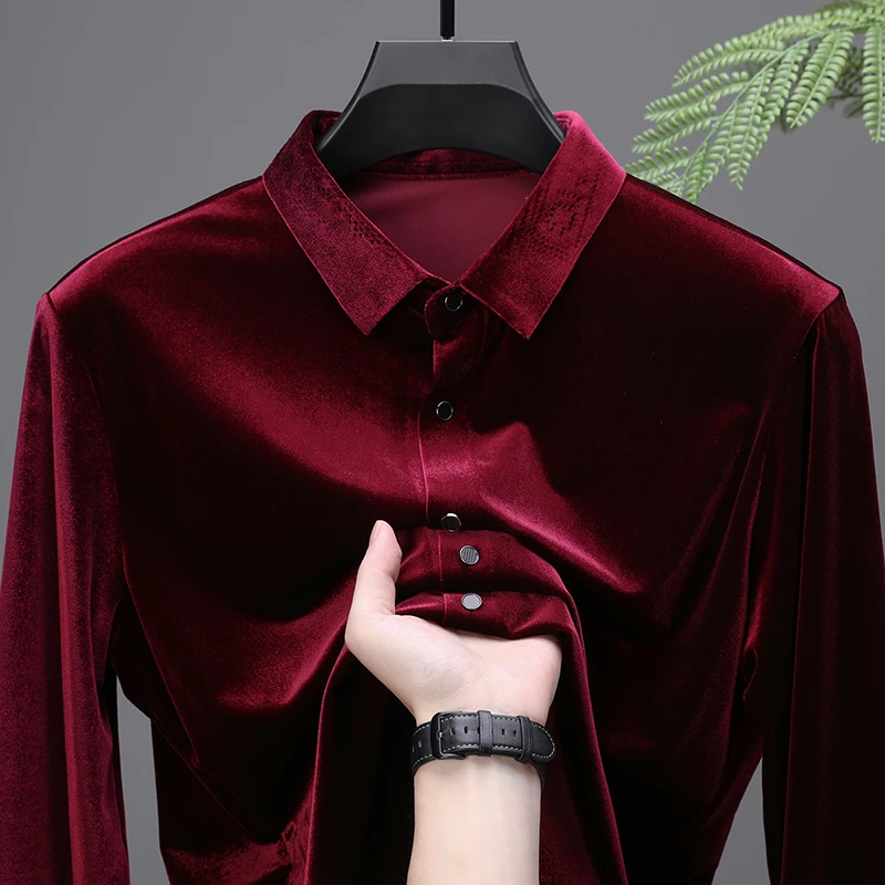 Super Quality Male Silk Velvet Clothing 2024 Spring & Autumn Single Breased Gold Velvet Tops Mens Long Sleeve Soft Velvet Shirts