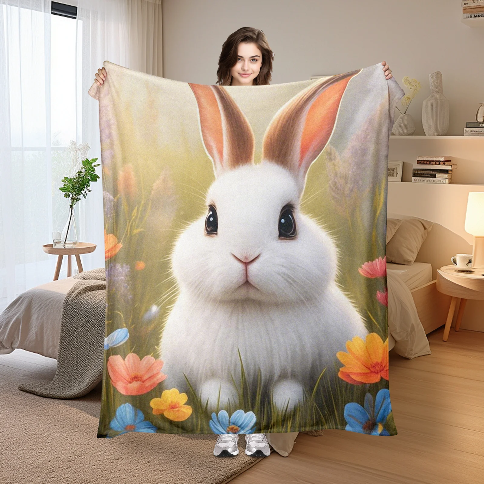 

Whimsical White Rabbit With Floral Meadow Design Animal Themed Blanket For A Delightful And Natural Addition To Your Home Decor