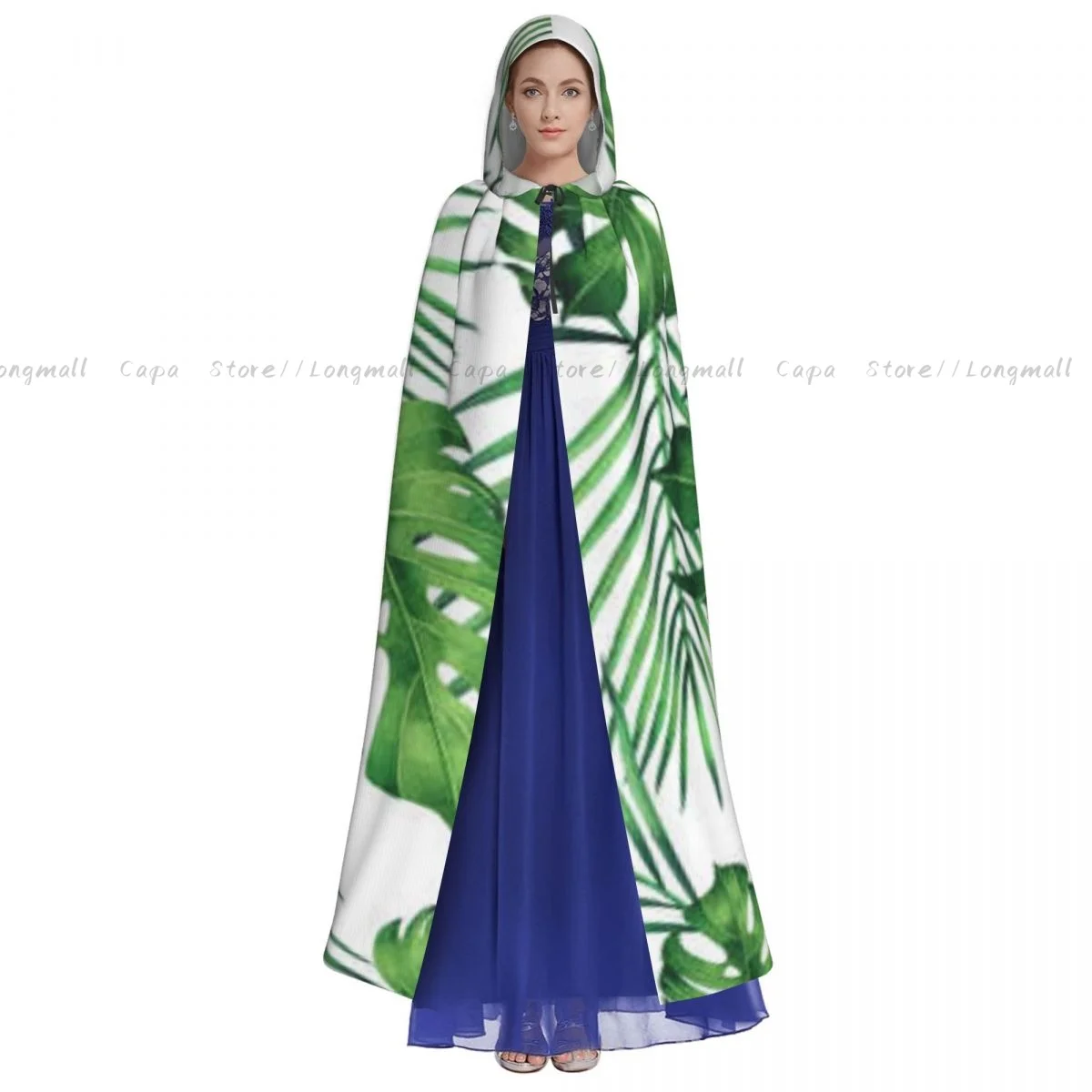 Monstera Coconut Leaves Pattern Hooded Cloak Coat Halloween Cosplay Costume Vampire Devil Wizard Cape Gown Party