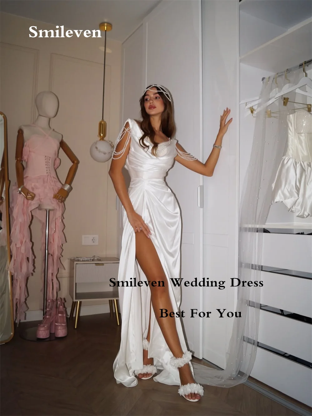 Smileven White Mermaid High‑Slit Wedding Dresses One‑Shoulder Pearl Chain Tassel Bridal Dress Draped Ruched Gowns Customizd 2026