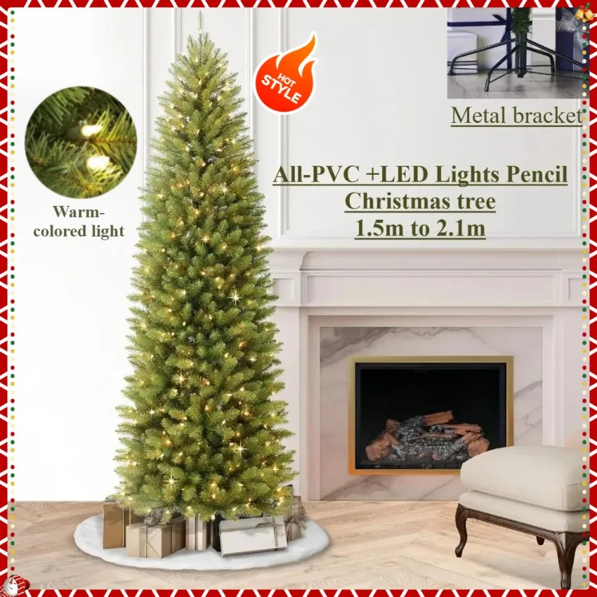 

Artificial Christmas Tree PVC Material with LED Lights Pencil Christmas Tree 1.5/1.8/2.1m Home Christmas Party Scene Decoration
