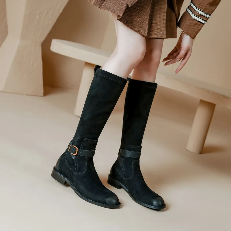 2023 New Vintage Women Knee-High Boots Cow Suede Leather Thick Heels Office Ladies Working Shoes Woman Autumn Winter Retro Style