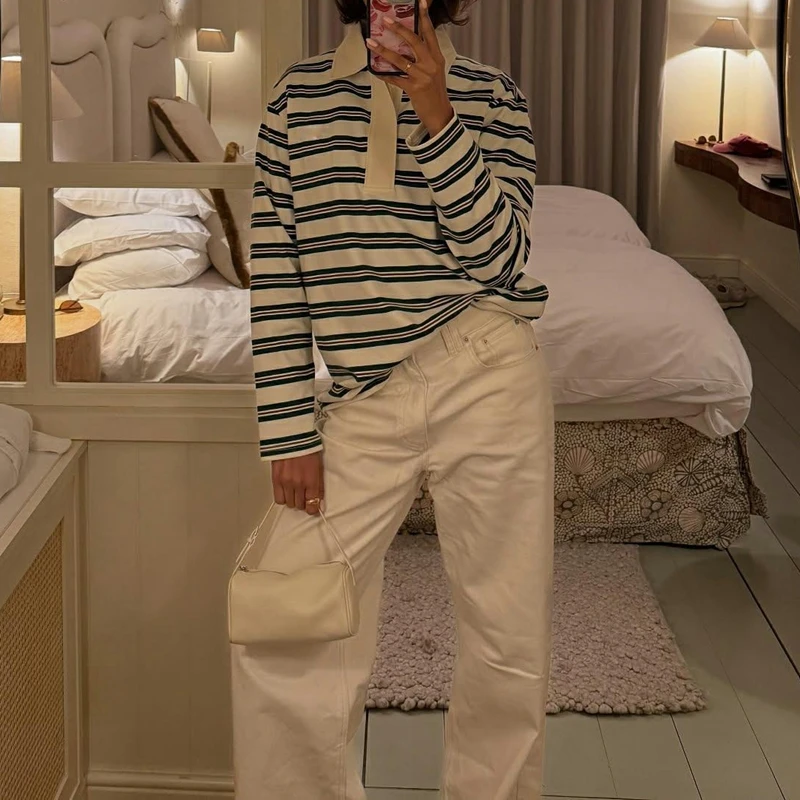 Combhasaki 女性 Y2K ヴィンテージレトロスウェット長袖ラペルボタン V ネックプルオーバートップルーズフィット美的ストライプ Tシャツ