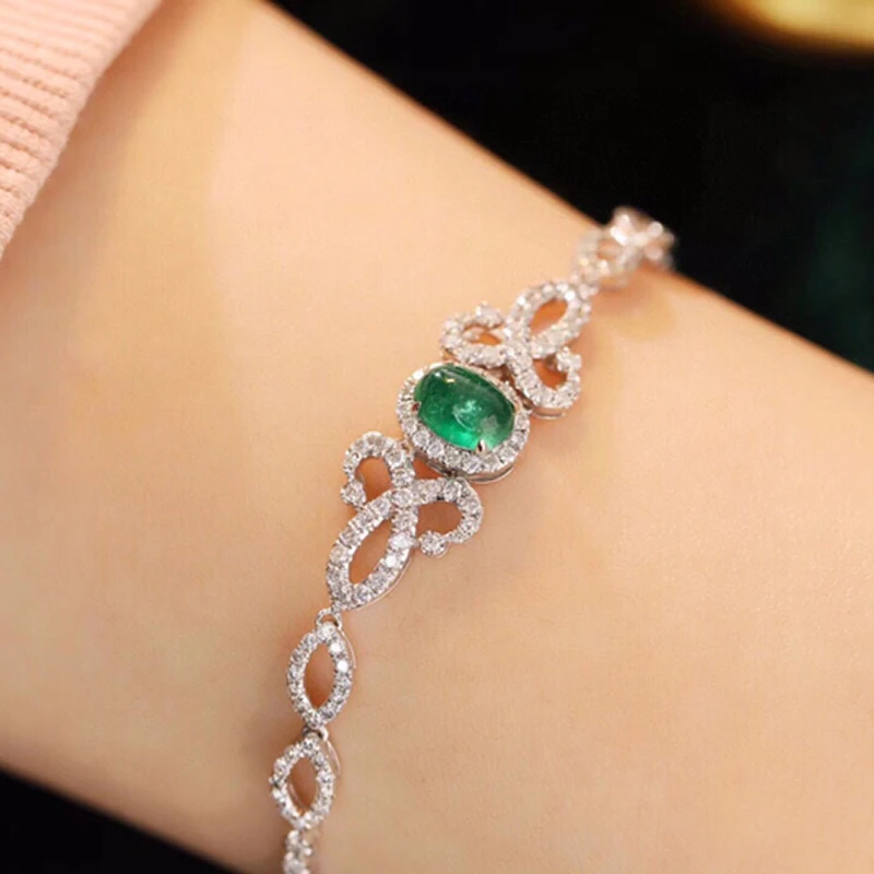 Aazuo Fine Jewelry 18K Solid White Gold Real Diamonds Natural Emerald Flower String Bracelet Gifted For Women High Cass Banquet