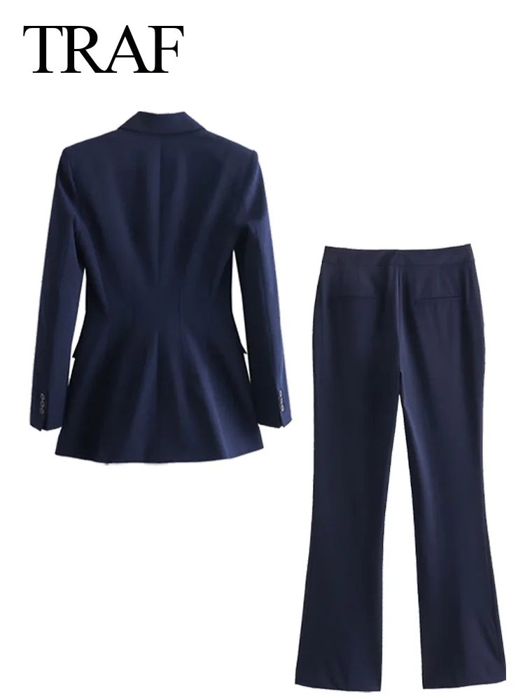 TRAF 2023 Jesienny damski 2-częściowy zestaw Office Lady Lapel Long Sleeve Blazers + High Waist Hidden Buckle Zipper Trousers Femininos