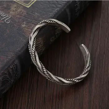 Módní návrhář 925 Sterling Silver Twisted Wrapped Bracelet Men Women Neutrální Retro Thai Originální Ručně Vyráběný Otevírací Náramek Dárky 10 nejlepší prodej Stříbrné šperky 925 z Thajska - №8