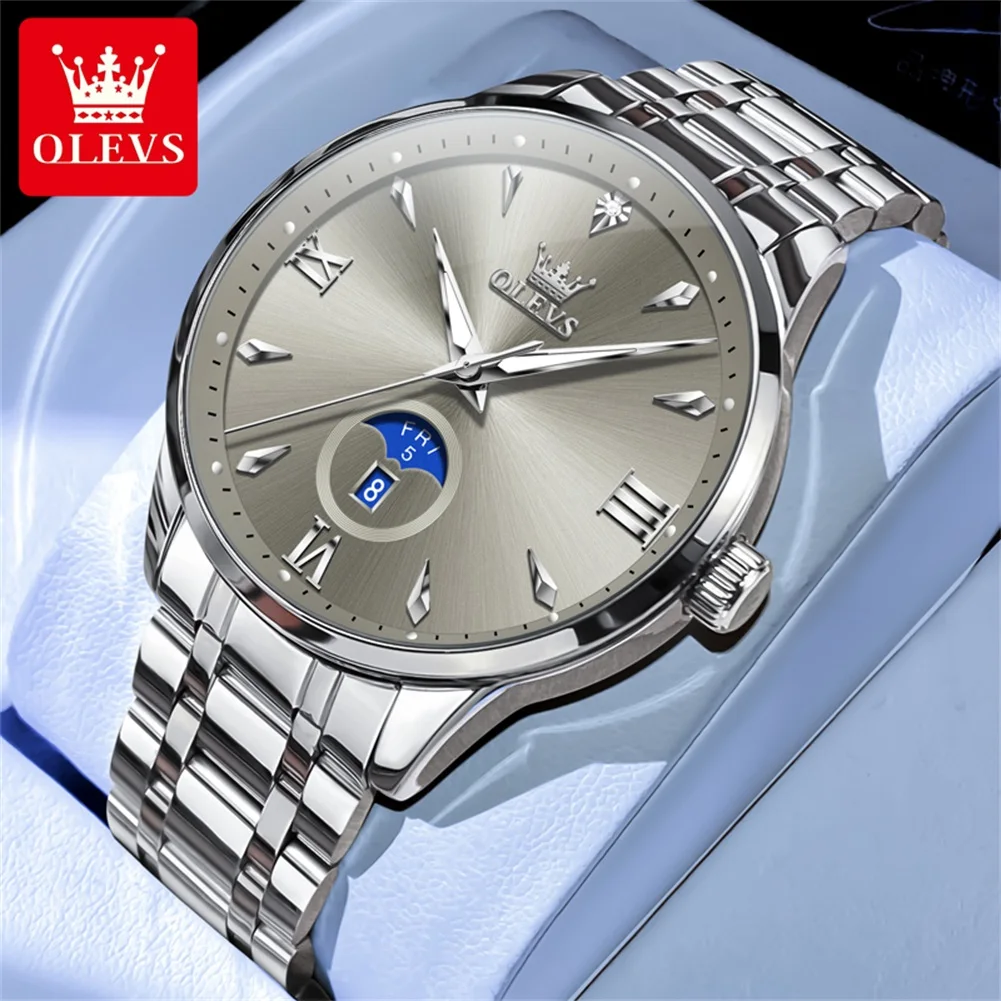 OLEVS 3646 Men's Watches Silver Solid Steel Strap Week Calendar Display Minimalist Luxury Original Quartz Wrist Watches for Man