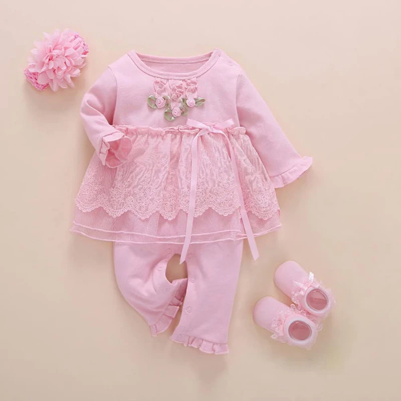 Newborn Baby Girl Clothes Fall Cotton Lace Princess Style Baby Jumpsuit 0-3 Months Infant Romper With Socks Headband ropa bebe