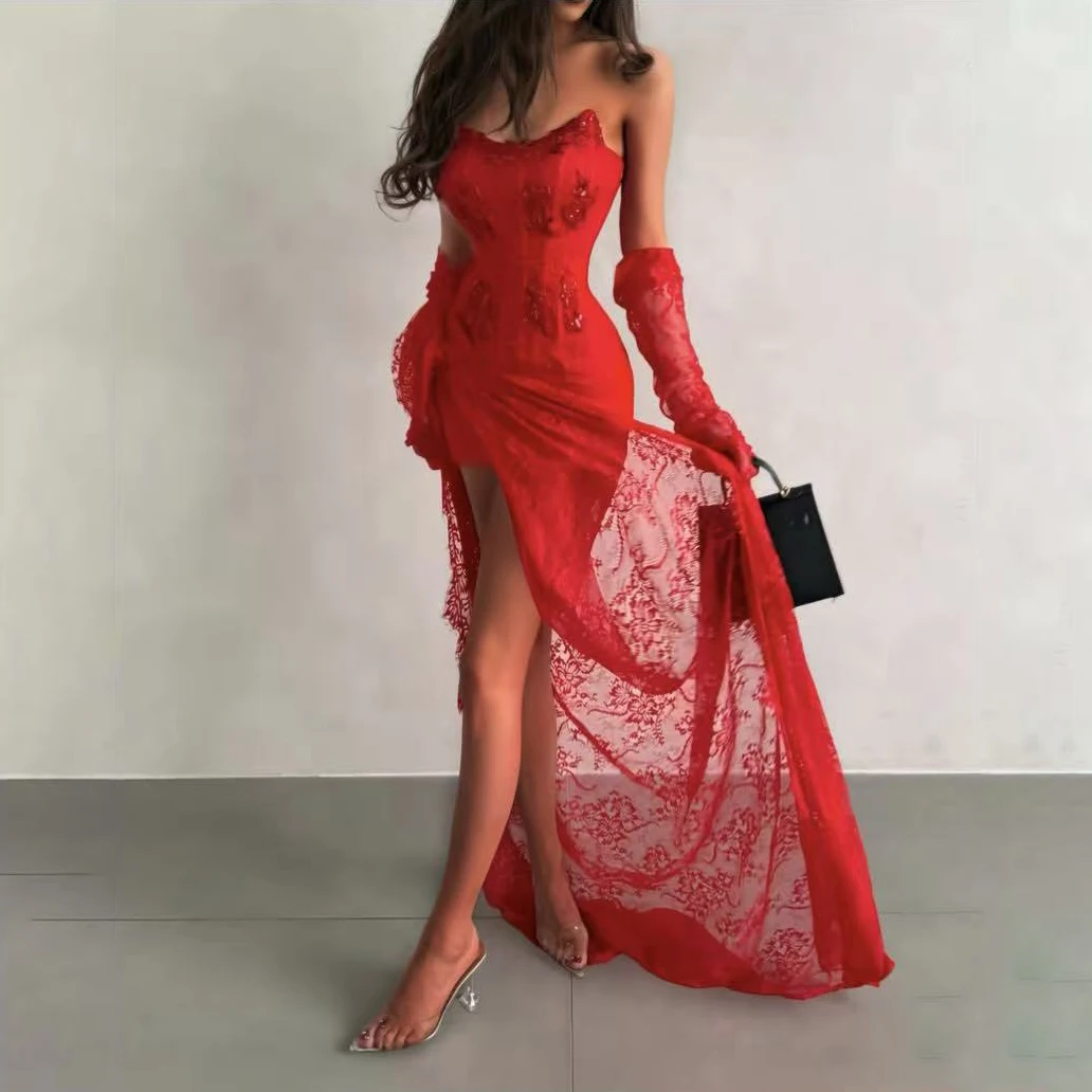 Eye Cacthing Red Long Formal Party Dresses Off Shoulder Lace Gloves Tulle Women Dress Many Color Available Sey Split Prom Gowns