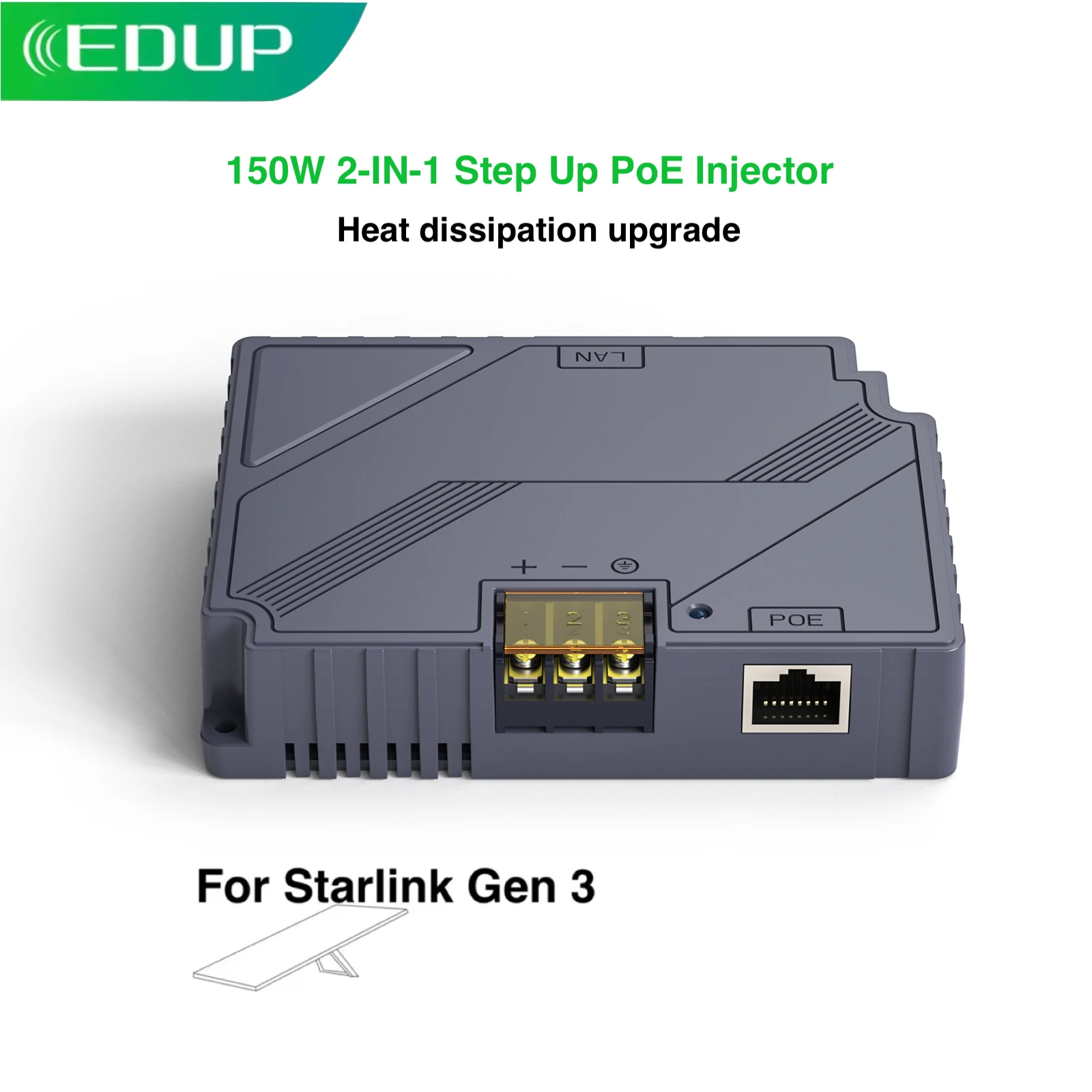 EDUP-inyector 2 en 1 Starlink Gen 3 GigE PoE, 150W, con protección ESD pasiva para Kit de Internet Starlink, convertidor de CC incorporado