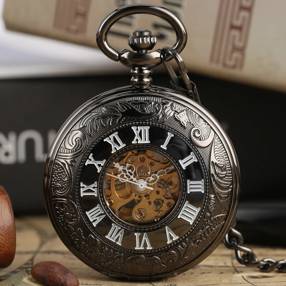 

Black Antique Auto Mechanical Skeleton Pocket Watch See Though Face Retro Steampunk Fashion Pendant with Fob Chain Male Clock