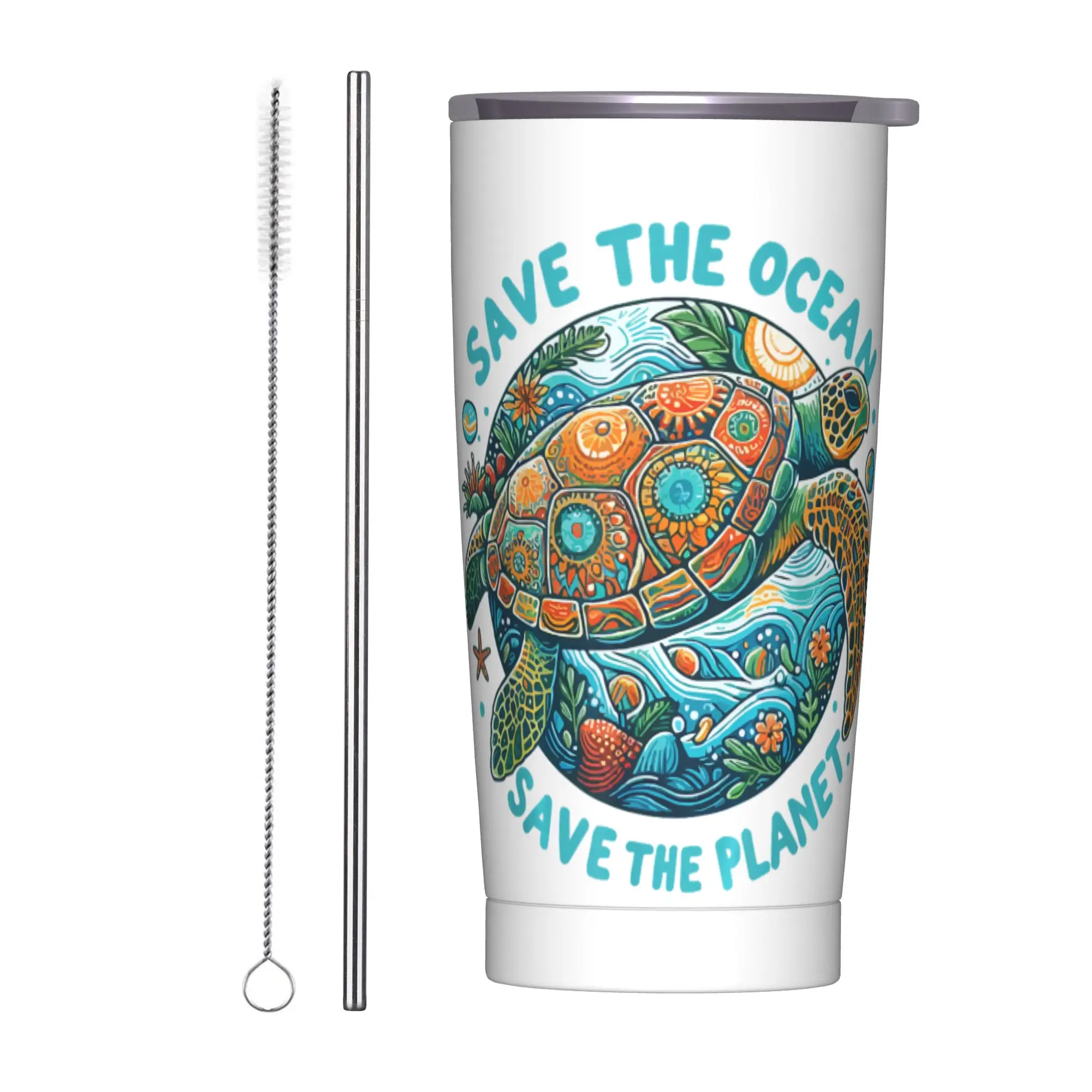 Stainless Steel Tumbler Earth Day Earth Sea Turtle Art Save the Planet Coffee Mug Cold Drink Car Mugs Travelist Water Bottle