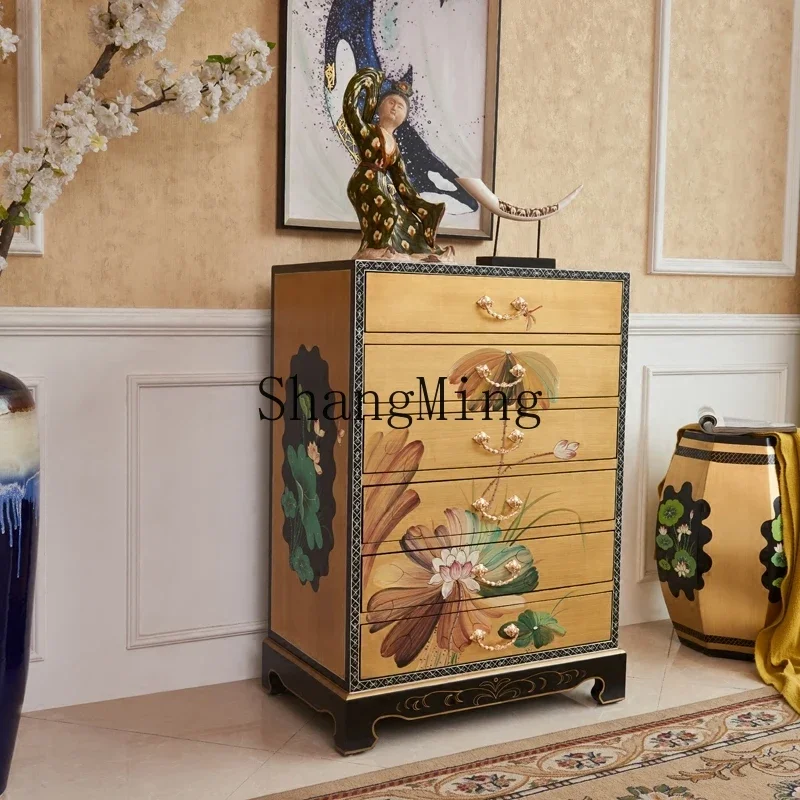 

CL Painted Lotus Gold Foil Bedroom Storage Locker Living Room Decoration Cabinet
