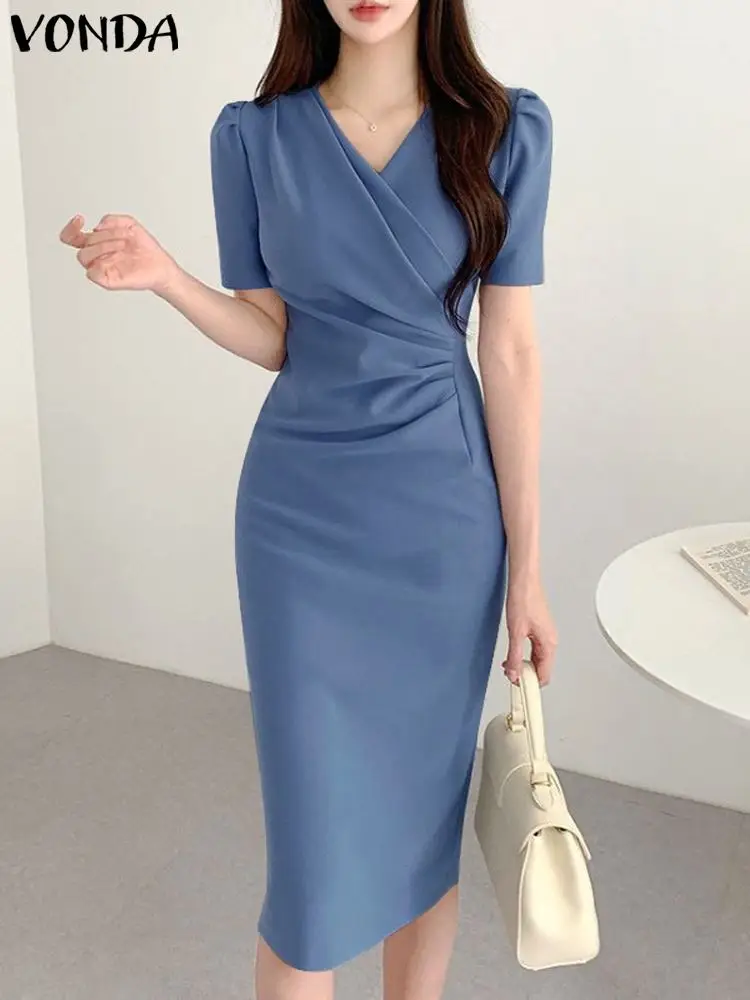 

VONDA Summer Fashion Elegant OL Dress 2024 Women Mid-Calf Sundress Sexy V-Neck Solid Color Short Sleeve Pleat Office Robe Femme