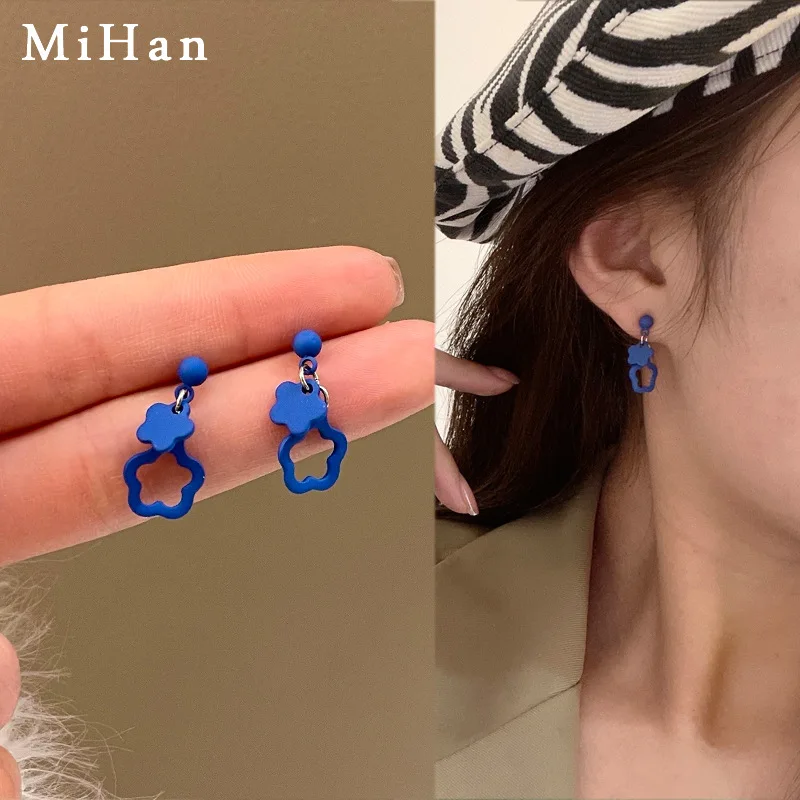 Vintage Klein Blue Flower Earrings with Tassel for Women