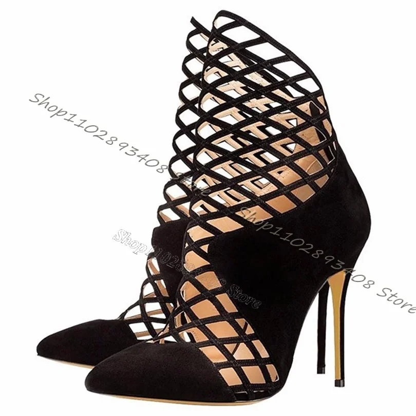 

Black Hollow Net Ankle Boots Women Pointed Toe Back Zipper Stiletto High Heels Boots Summer Dress Sexy Shoes Zapatillas Mujer