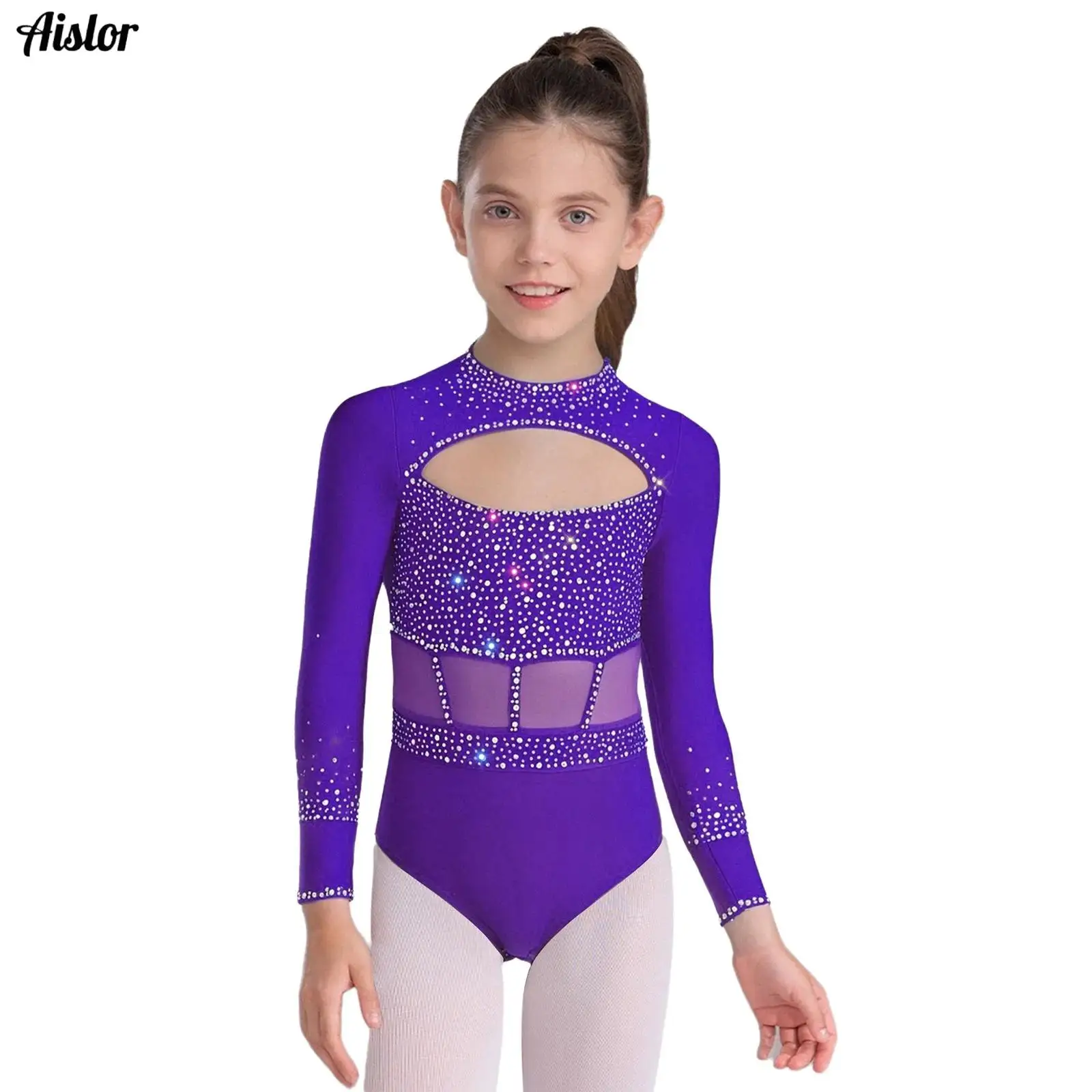 

Kids Girls Rhinestones Gymnastics Ballet Dance Leotard Crew Neck Long Sleeve Cutout Front Bodysuit Stage Performance Dancewear