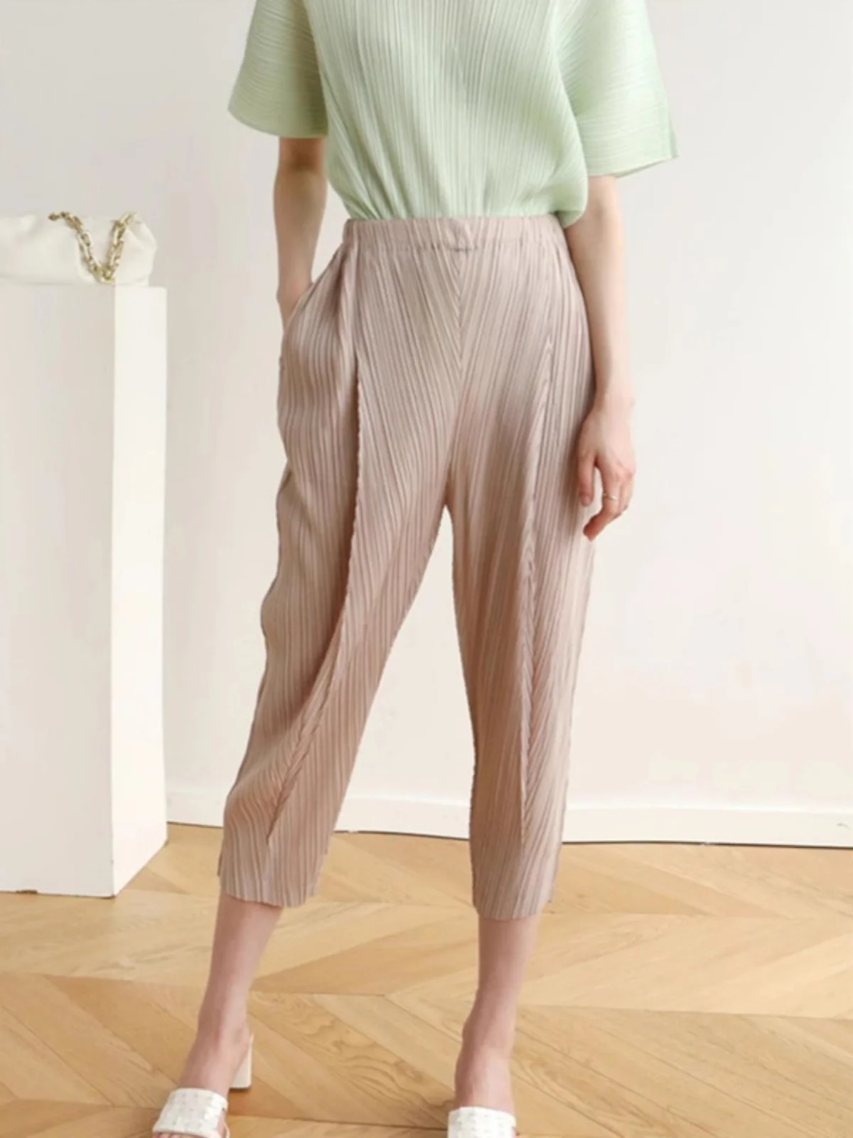

Летние женские брюки Three Houses 2025: Новинка, высококачественные повседневные брюки с отворотами, в стиле Harlan, с высокой талией, укороченные, из полиэстера