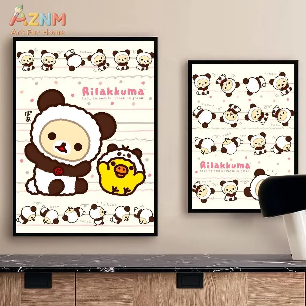 AZNM Rilakkuma Cute Bear Cartoon Canvas Wall Art Panda Korilakkuma Kiiroitori Print Poster Kawaii Room Decor Unframed - view 3